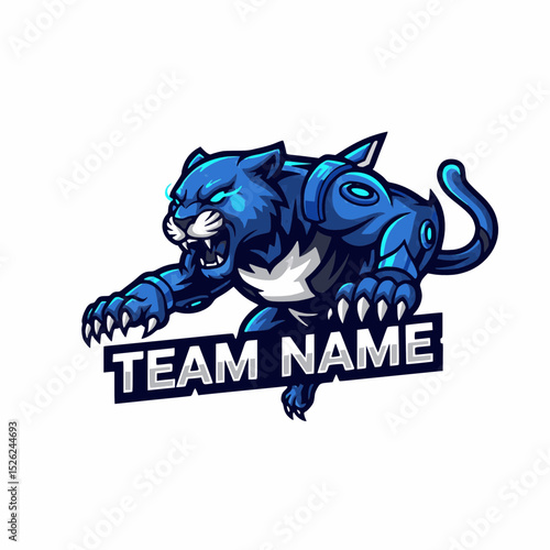 Esports Team Mascot Vector Illustration Design Featuring a Futuristic Blue Panther with Cybernetic Enhancements and Intense Gaze