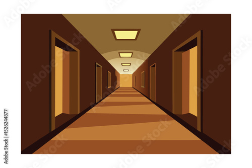 Mysterious Hotel Corridor A Long, Dark Passageway with Open Doors