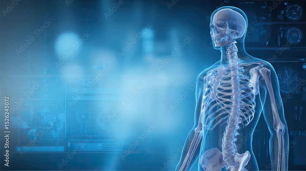 3D medical visualization of a full male human skeleton with transparent body outline on a blue digital background, symbolizing advanced healthcare technology and anatomical research 3D medical visualization of a full male human skeleton with transparent body outline on a blue digital background, symbolizing advanced healthcare technology and anatomical research