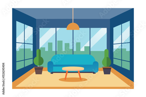 Modern City View Living Room Interior Design  Relaxing Space with Panoramic Windows