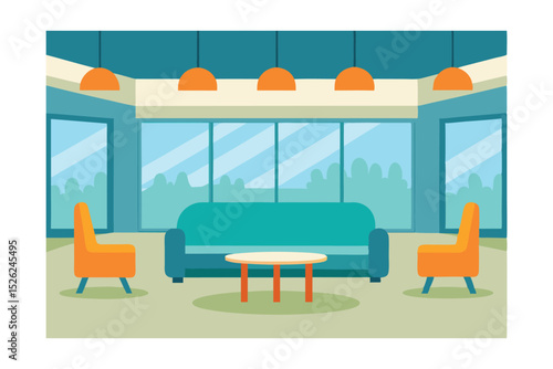 Modern Office Lounge Design  Stylish Workspace with Panoramic Windows and Comfortable Seating
