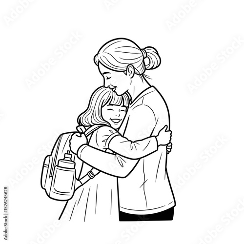 Mother hugging her daughter warmly, joyful expression, nurturing moment