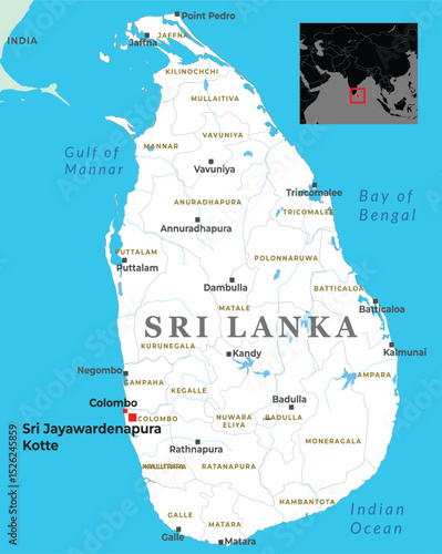Fényképezés A detailed political map of Sri Lanka highlighting key cities, surrounding water