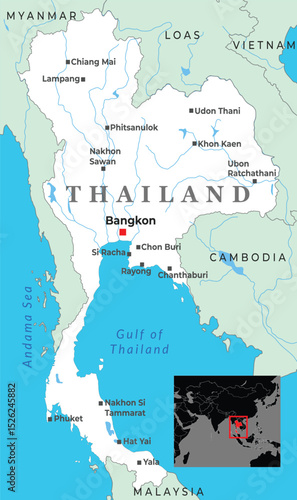 A detailed political map of Thailand highlighting major cities, rivers, borders with neighboring countries