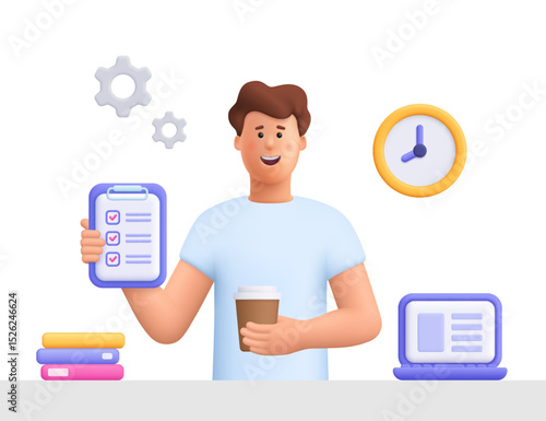 Young smiling man James freelance worker, working with laptop at home, holding coffee cup and file documents. Daily work routine. 3d vector people character. Cartoon minimal style.