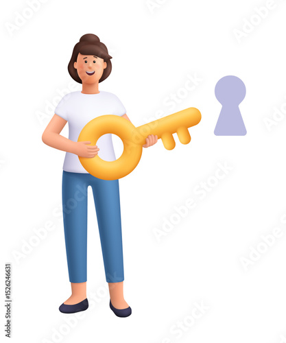 Young smiling woman Jane holding golden key near keyhole. Unlock business accessibility, success, solutions. Security, safety, protection concept. 3d vector people character. Cartoon minimal style.