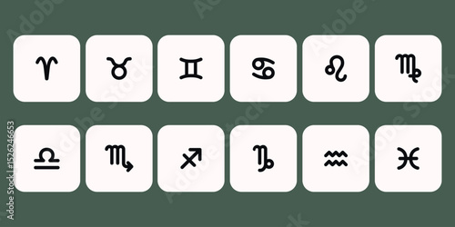 Zodiac horoscope. Twelve astrological icon symbols set. Stylized star signs esoteric. Simple line vector illustration.