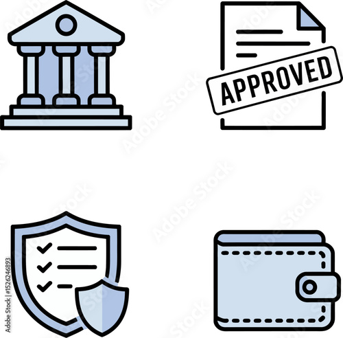 Official legal approval collection featuring courthouse icon, validated contract, legal wallet and protection badge.