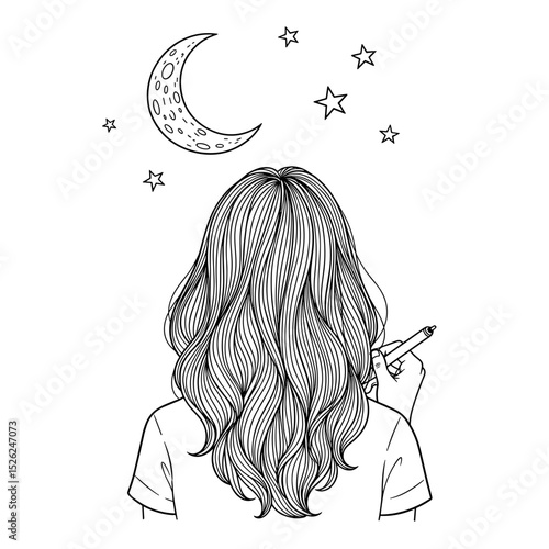 Young girl gazing at the stars and moon, dreaming and drawing 