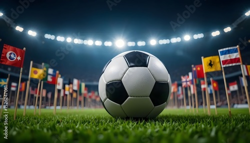 World Cup 2026 Football with International Flags on Stadium Field