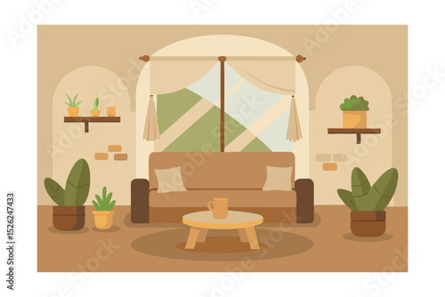 Cozy Living Room Interior Design Plants, Neutral Tones, and Tranquil Ambiance