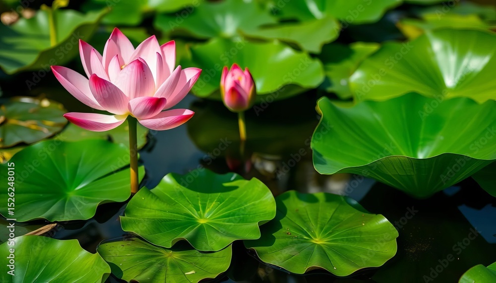 Pink lotus blossoms open on serene pond surface, green pads surround, image, background Pink lotus blossoms open on serene pond surface, green pads surround, image, background