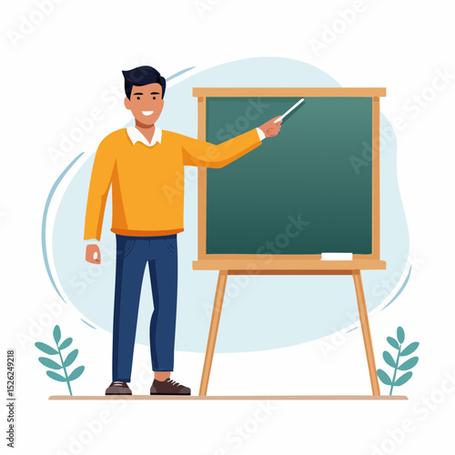 Enlightening Educator: A passionate teacher, clad in warm hues, illuminates knowledge with a pointer in hand, ready to inspire a learning environment with the backdrop of a chalk board.