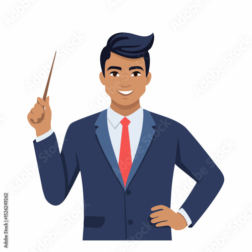 Business Presentation: An illustration captures the poised confidence of a presenter in a tailored suit, pointer in hand, embodying clear communication and expertise.