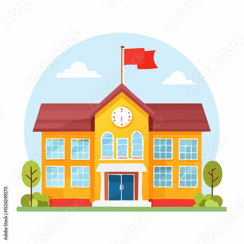 Schoolhouse Illustration: A bright and inviting schoolhouse, featuring a vibrant design with a red flag atop. It's a scene that evokes learning and community, capturing the essence of education.