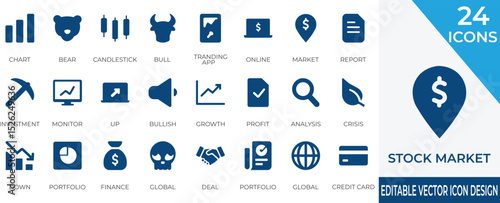 A modern vector icon set featuring bull, bear, candlestick charts, and stock market trends. Perfect for trading apps, finance platforms, and investment dashboards.

