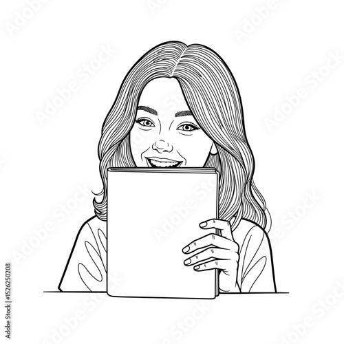 Female student joyfully holding a blank book in front of her face in a cheerful illustration style
