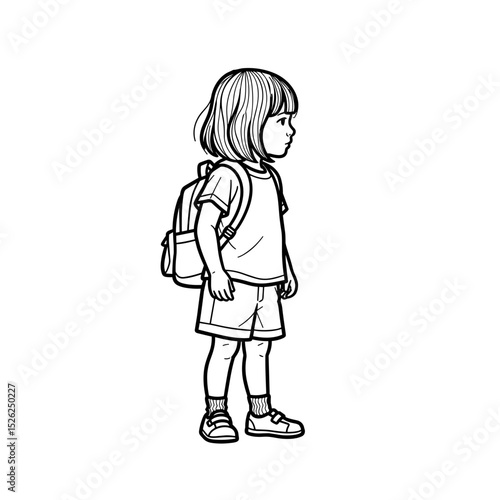 Schoolboy standing confidently with a backpack in a side view in a minimalist illustration