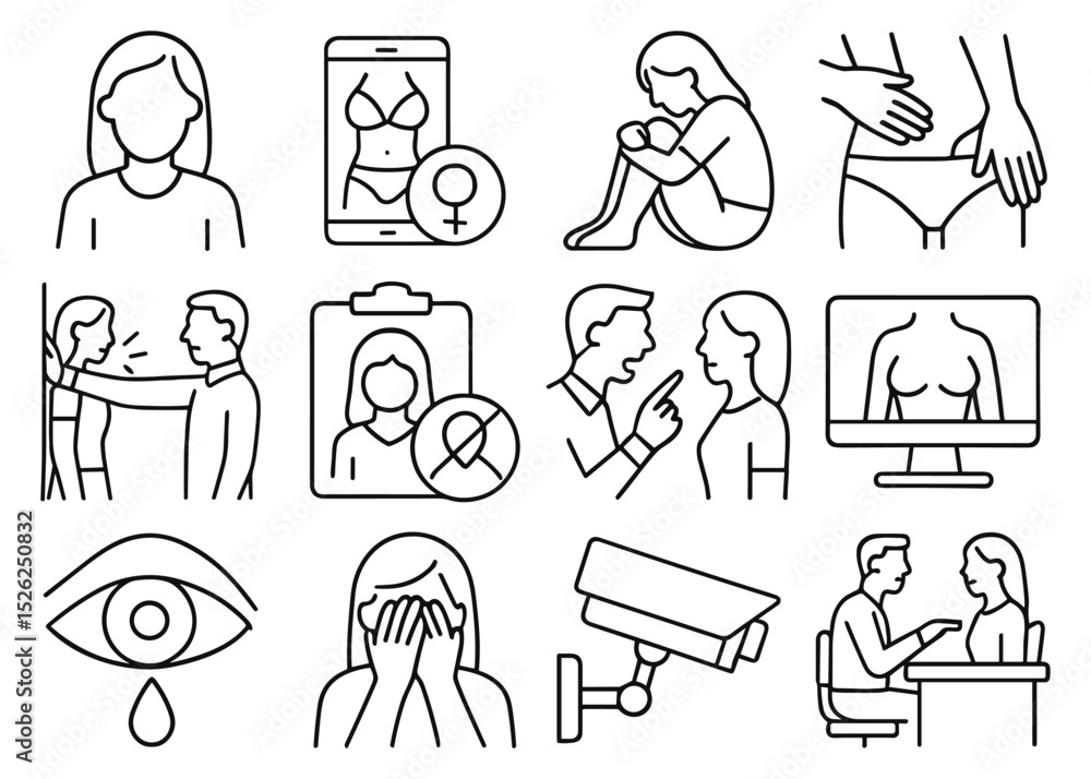 Fototapeta premium Illustrations depicting various forms of violence against women showcasing concepts of abuse and harassment awareness icons