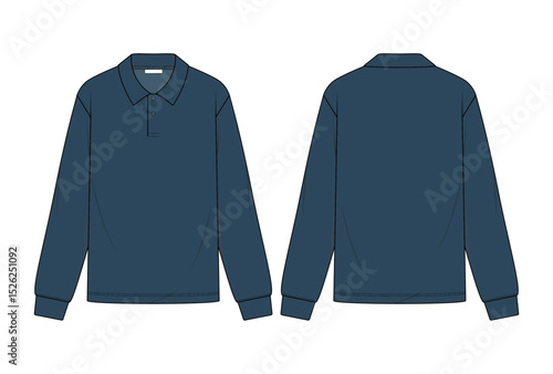 Polo Shirt Fashion Flat Template  Technical Drawing CAD Mockup  Long Sleeve  Polo Collar Cuff and Buttons  Relaxed Fit  Front and Back View  Unisex Top for Men and Women  White Vector Apparel Design.