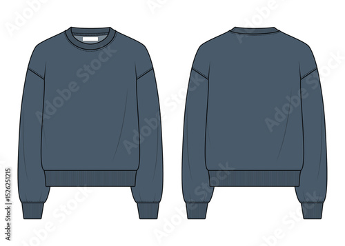 Sweatshirt Fashion Flat Template Technical Drawing CAD Mockup Front and Back View Relaxed Fit Unisex Sweater for Men and Women White Vector Apparel Design.