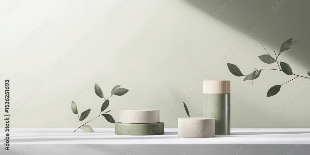 Minimalist Product Display with Green and Beige Podiums and Eucalyptus Leaves Minimalist Product Display with Green and Beige Podiums and Eucalyptus Leaves