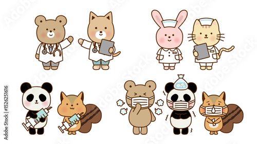 かわいい動物のお医者さんと患者のイラストセット（ベクター）
