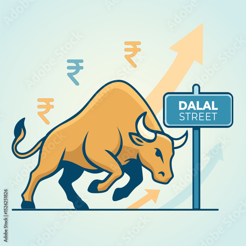 Stock market illustration featuring a strong bull standing near a "Dalal Street