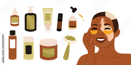 Woman applying cleansing and moisturizing face skincare products at home. Everyday skin care routine with cleanser and moisturizer. Colored flat graphic vector illustration isolated on white