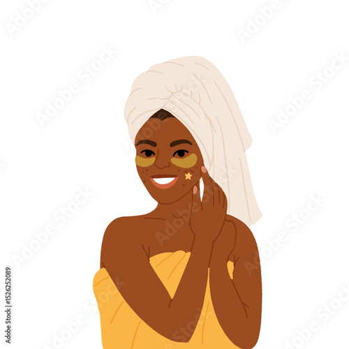 Woman applying cleansing and moisturizing face skincare products at home. Everyday skin care routine with cleanser and moisturizer. Colored flat graphic vector illustration isolated on white