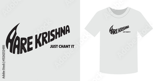 Hare krishna design on a white t shirt with gray background