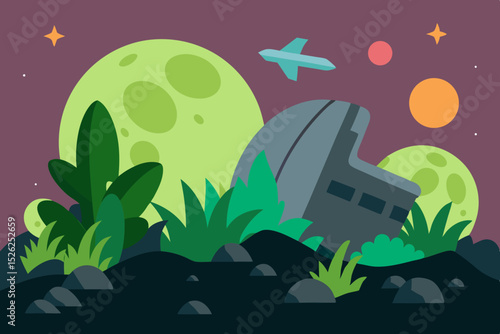 Alien Spaceship Crash Landed on an Alien Planet A Futuristic Illustration
