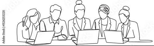 Continuous single line drawing of five people working on laptops at a shared desk in a modern minimalist office workspace

