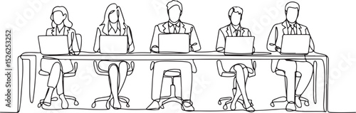Continuous single line drawing of five people working on laptops at a shared desk in a modern minimalist office workspace

