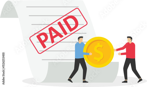 Business flat vector concept man give coin to bank manager to redeem confiscated house metaphor of pay debt. Illustration For Wallpaper, Banner, Background, Infographic, Book, And Web Landing Page. st