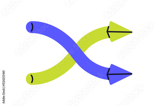 Double arrow symbol for shuffle and change. Curved crossing pointers, swap and switch movement, split direction, reroute, flow sign, icon. Flat vector illustration isolated on white background