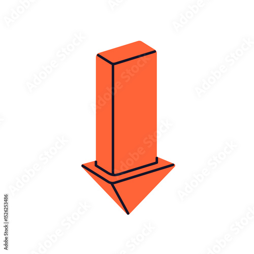 Arrow pointing down, straight downward direction. Indicator, decrease pointer...