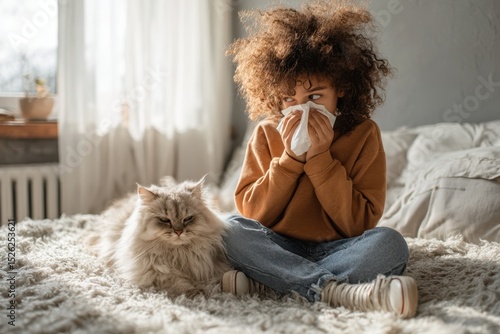 Child with Allergy Reaction Near Cat – Pet Dander Allergy, Sneezing, and Indoor Sensitivity Concept