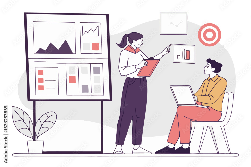 Vector art of a woman presents data charts to a colleague, collaborating on a project in a minimalist office setting Vector art of a woman presents data charts to a colleague, collaborating on a project in a minimalist office setting