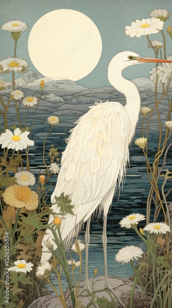 Fototapeta premium Traditional japanese stunning heron animal plant bird.