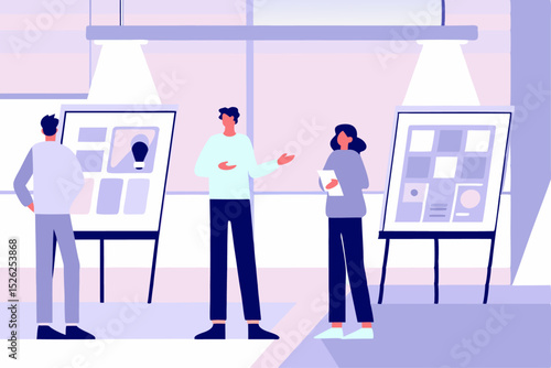 Vector art of a team collaborates on a project, reviewing visual presentations displayed on easels in a modern, minimalist office setting