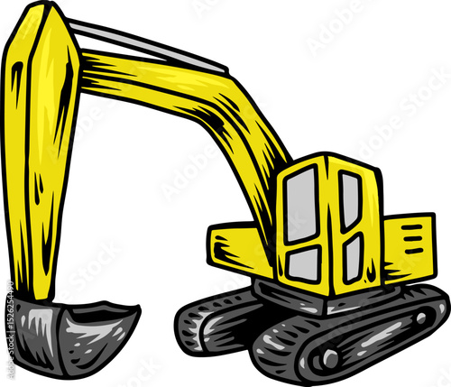 Cartoon-style yellow excavator with wide arm and treads