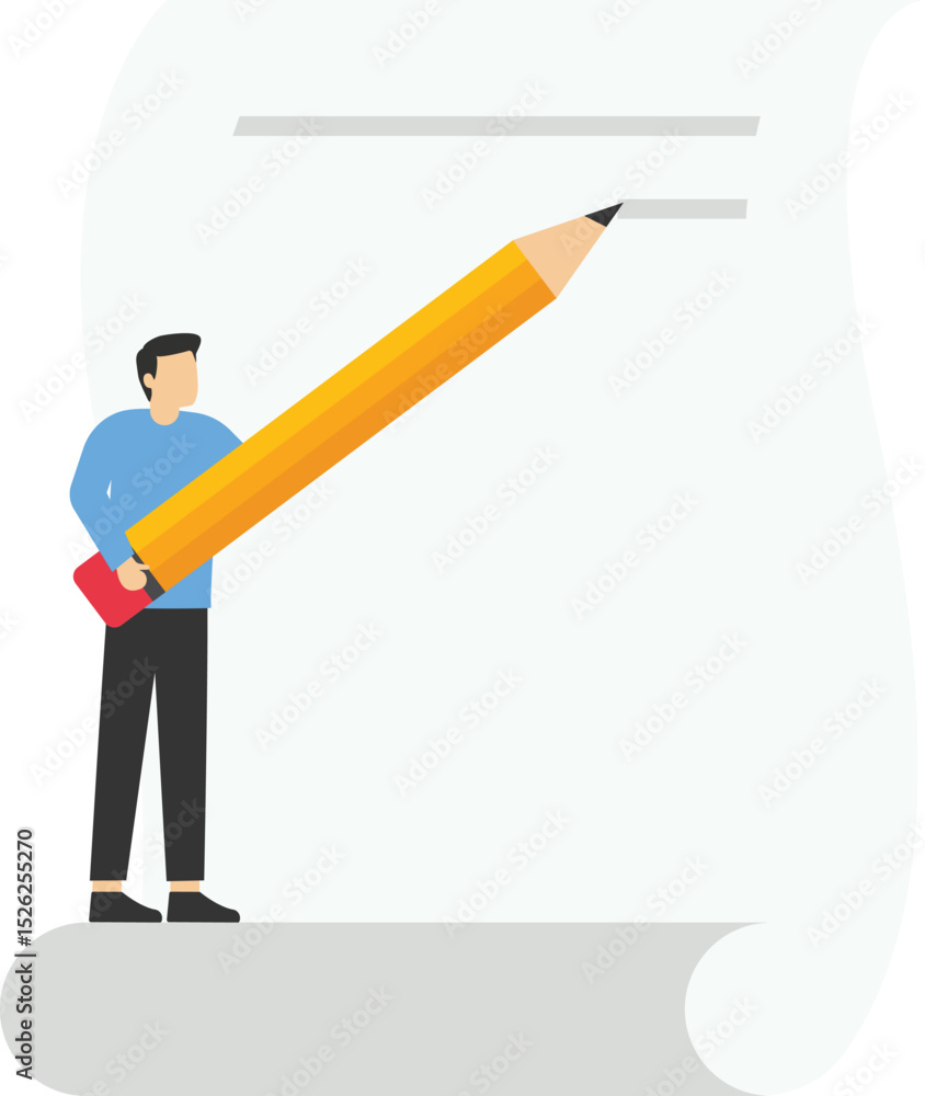 Businessman writing project report and plan, businessman holding pencil and writing while standing on scattered documents, paperwork stock illustration
Businessman writing project report and plan, businessman holding pencil and writing while standing on scattered documents, paperwork stock illustration