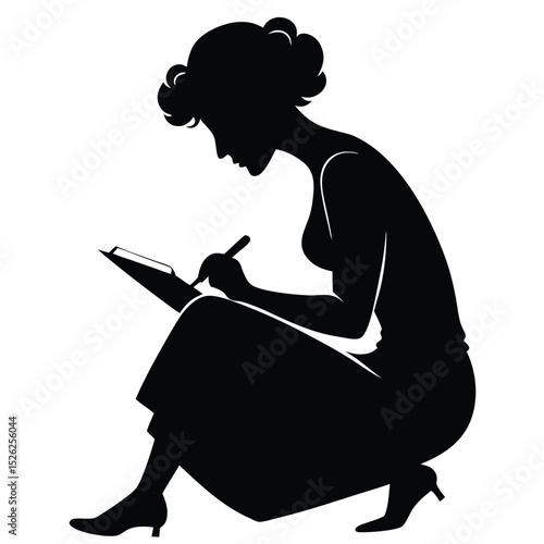 Woman silhouette writing in notebook sitting down