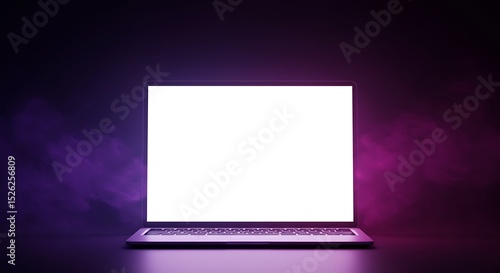 Laptop screen glows amidst smoky purple ambiance