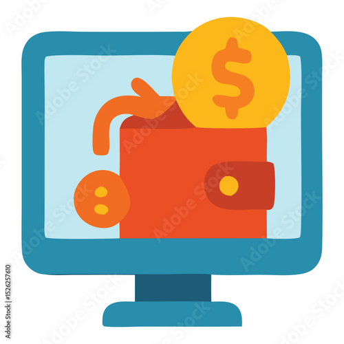 Online transactions concept with computer monitor showing wallet and dollar coin. Suitable for finance, ecommerce, and digital payment designs.