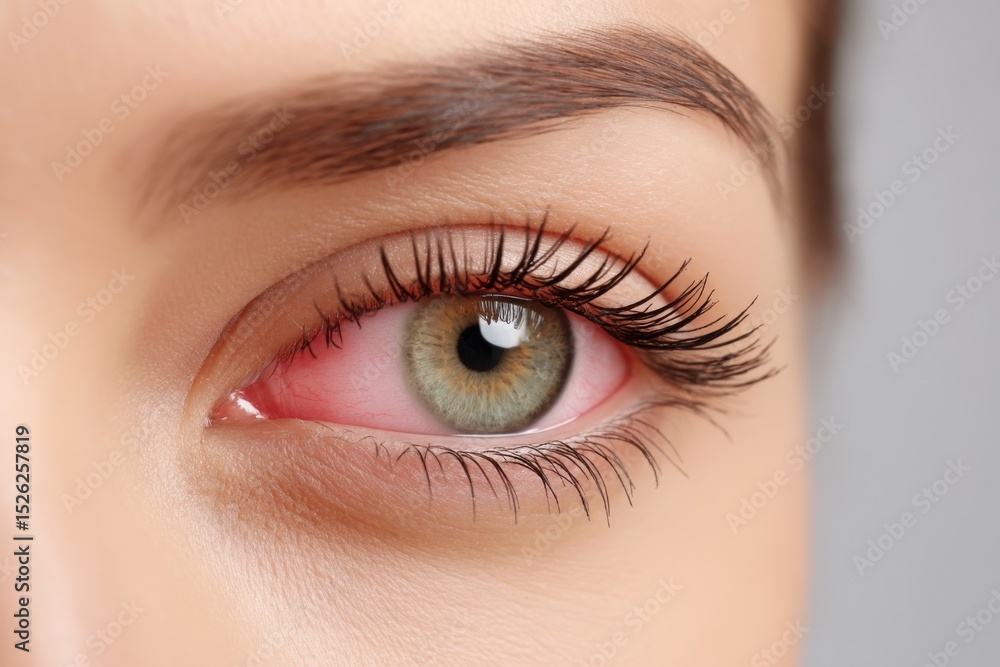 Close-up of a red, irritated eye, showing signs of infection or allergy. Close-up of a red, irritated eye, showing signs of infection or allergy.