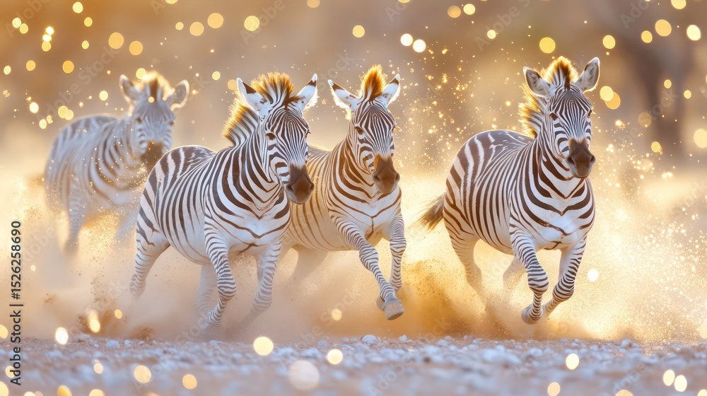 Fototapeta premium Zebras racing through golden savanna, dust sparkling in sunlight, motion frozen in detail