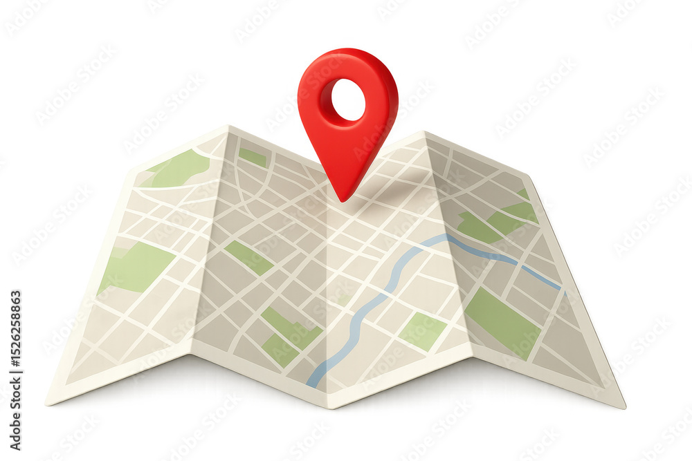 Fototapeta premium Paper city map folded, red location pin marking destination on clear background, symbolizing travel navigation
