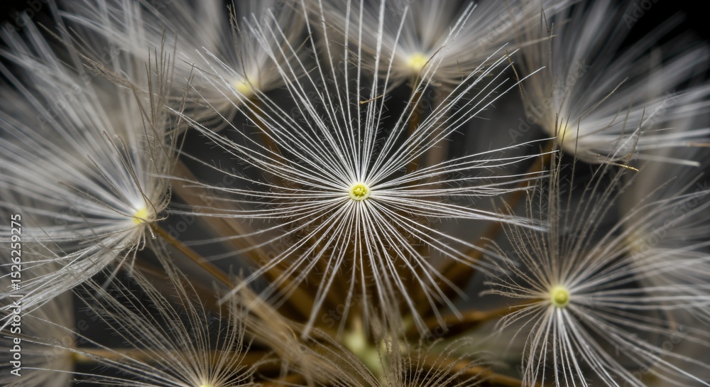 Naklejka premium Extreme close-up of a dandelion seed head, showcasing the intricate, delicate white parachutes of individual seeds against a dark, blurred background. Abstract natural beauty.